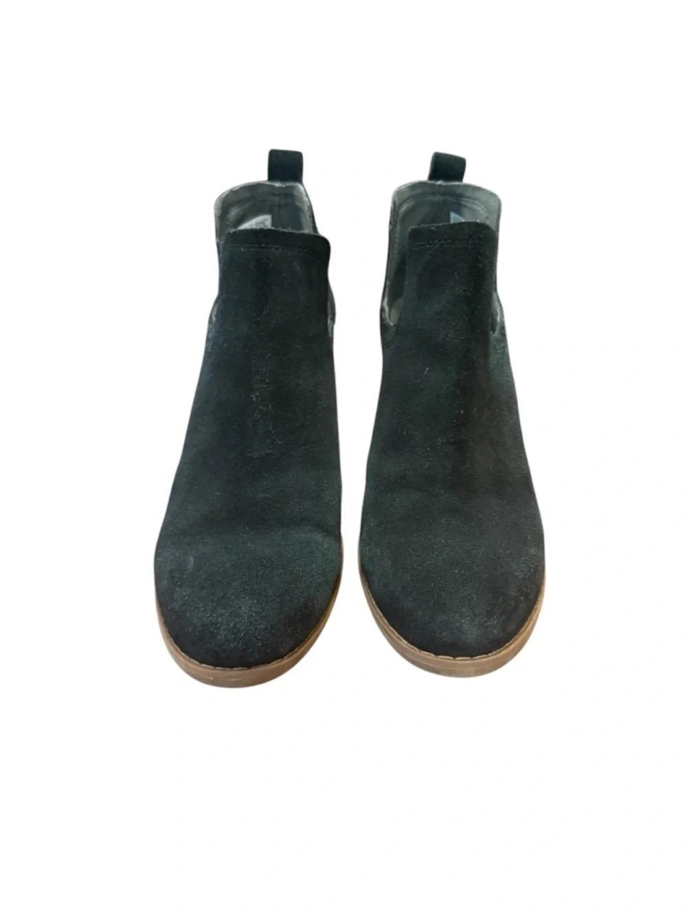Toms Black Suede Wedge Booties with Stacked Brown Heel Women’s size 6 Slip-Ons